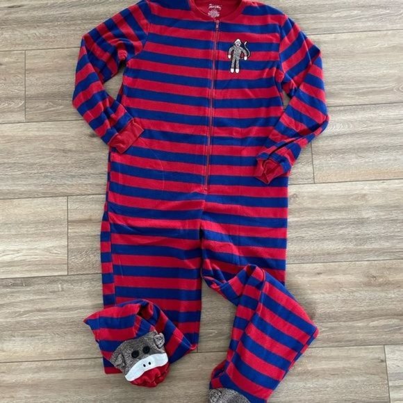 Nick & Nora Sock Monkey Red & Blue Striped Onesie Pajamas, Sz Small - Picture 4 of 14